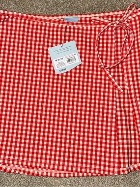 Red & White Mini swim Skirt coverup with Tie- medium